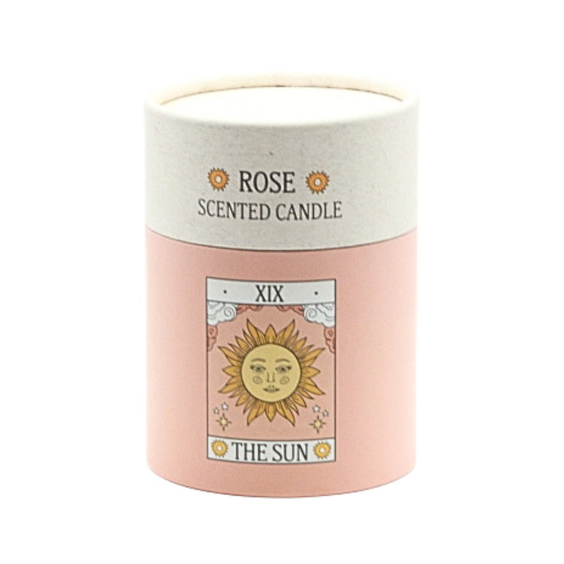 Rose scented candle with 'The Sun' tarot card design on a white background