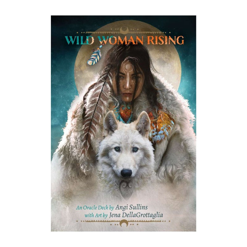 oracle card cover of 'Wild Woman Rising' with a woman and wolf illustration.