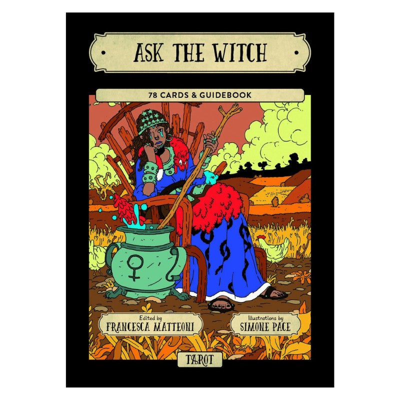 front cover of the Ask the witch tarot deck showing a witch stirring a potion in a cauldron