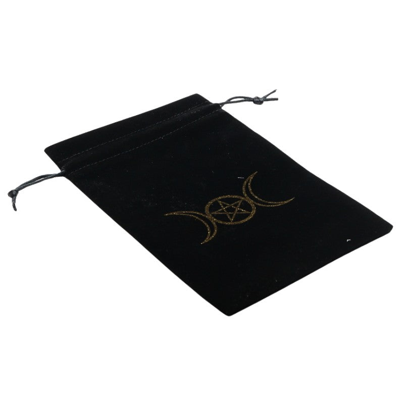black drawstring velvet tarot bag with gold triple moon pentacle design