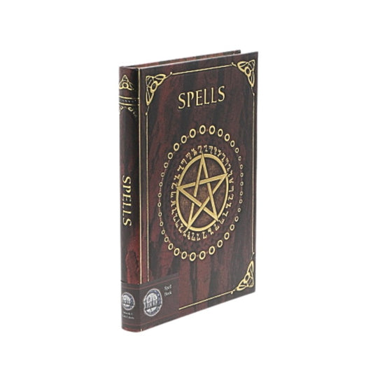 Book titled 'Spells' with a pentagram design on a white background