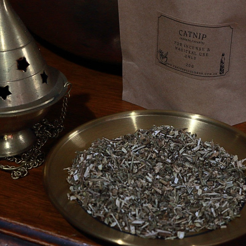 Catnip on a metal plate with a paper bag labeled 'Catnip' in the background.
