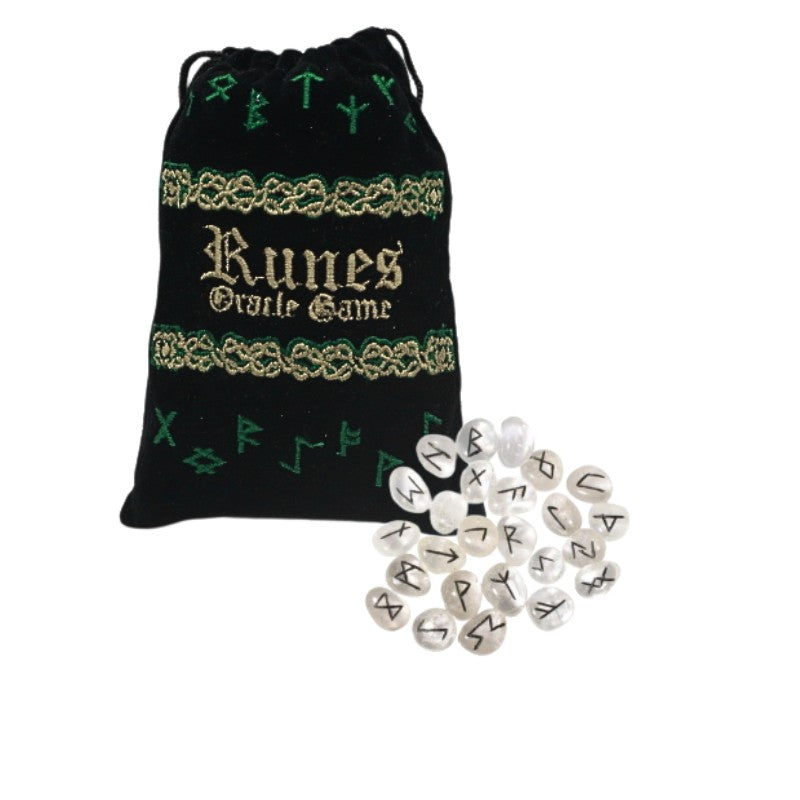 velvet rune pouch with clear quartz runes laid out in front