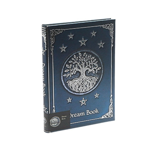 Blue notebook with tree of life design and star patterns on a white background