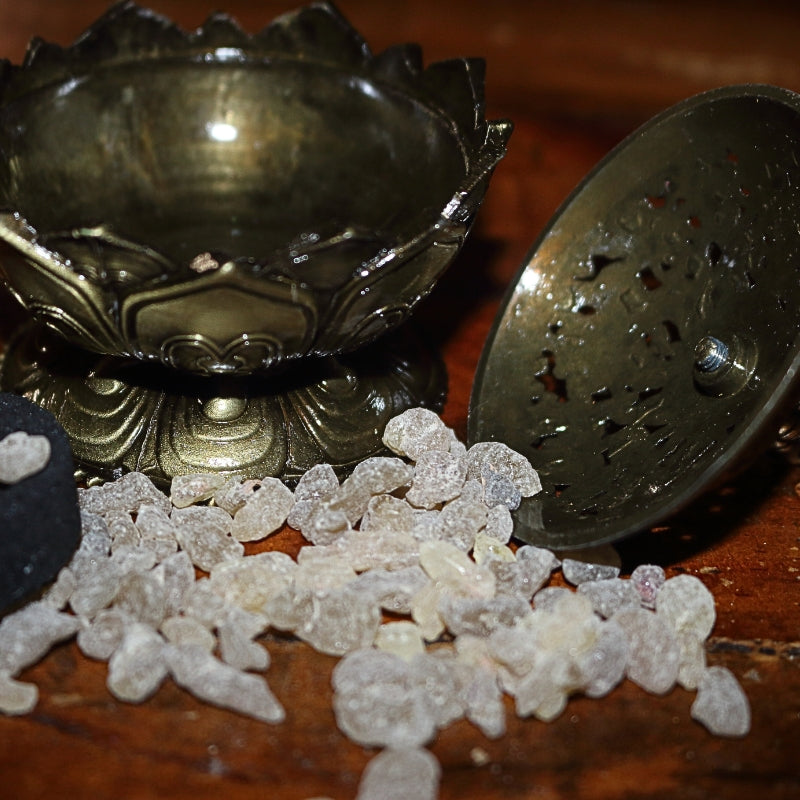 2 piece (top and bottom) ornate gold coloured incense holder, sitting open on a wooden table, next to a charcoal disc, with frankincense granules strewn around the base of the incense holder