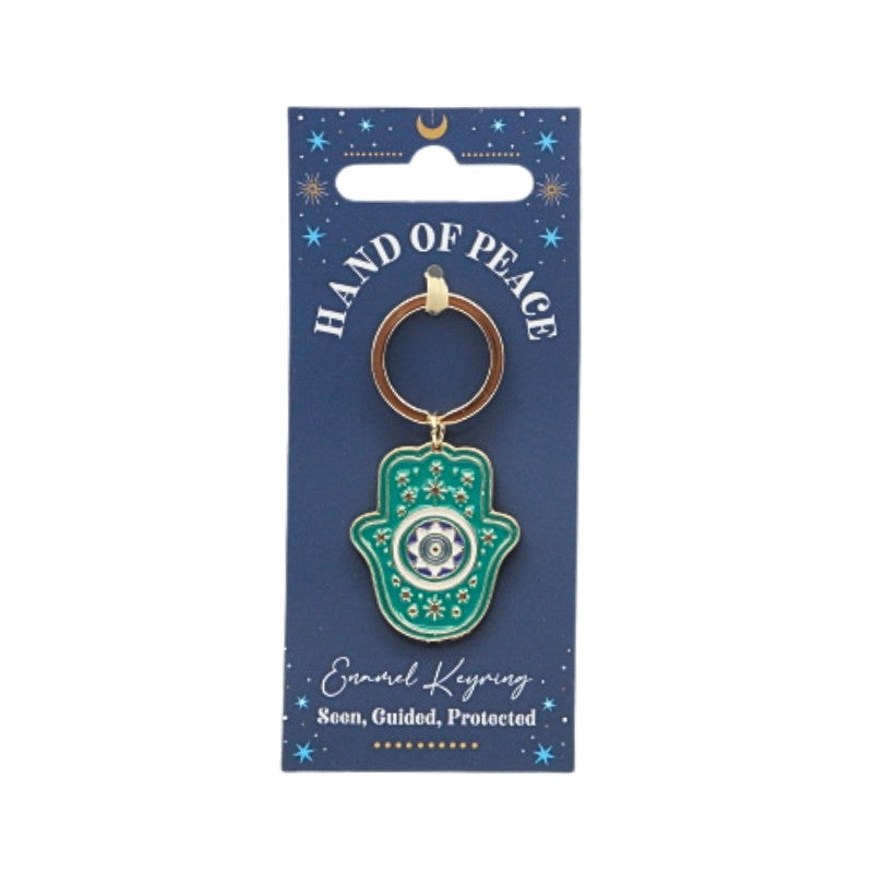 Green Hamsa hand keychain on a blue card with 'Hand of Peace' text
