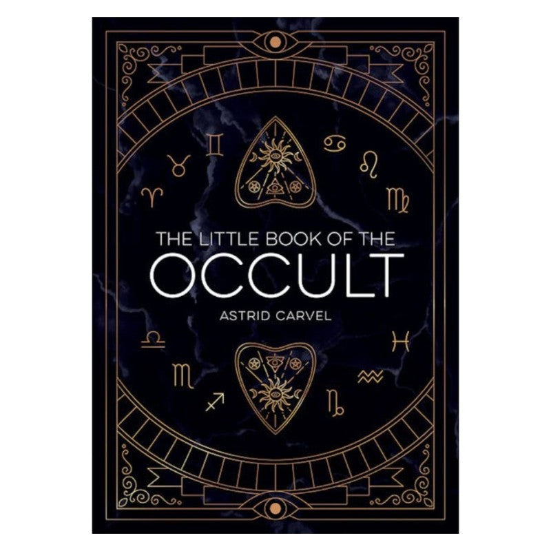 front cover of "The Little Book of the Occult" book showing gold lettering, ouija pointers & astrology signs on a black background