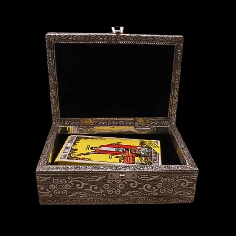 Embossed Metal Tarot Box- Witch Cat & Broom with a pack of rider waite standard size tarot cards inside