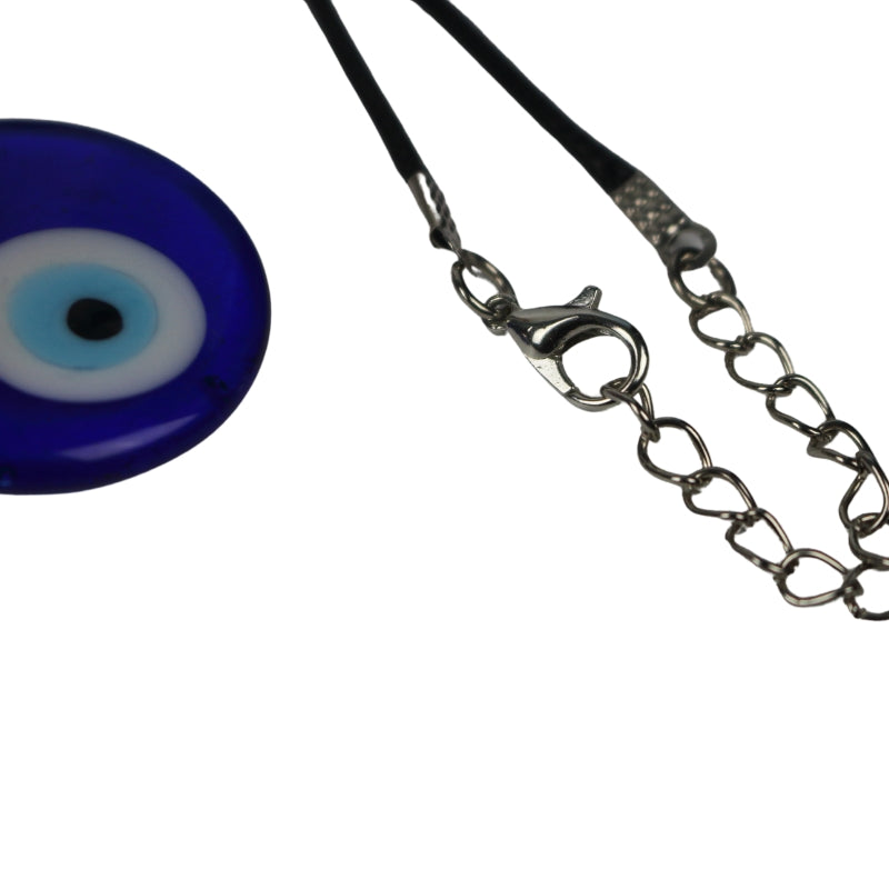 blue, white, light blue and black concentric circles formed into an eye shaped bead, hung on a black cord with a silver clasp, on a white background