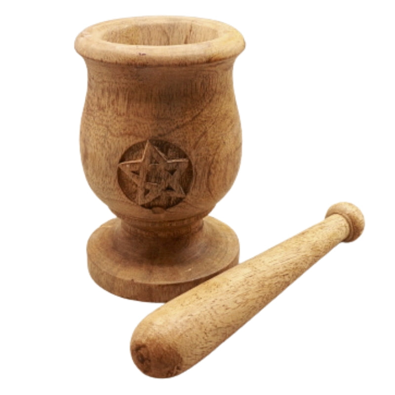 Wiccan Pentacle Carved Mortar & Pestle in Mango Wood Finish