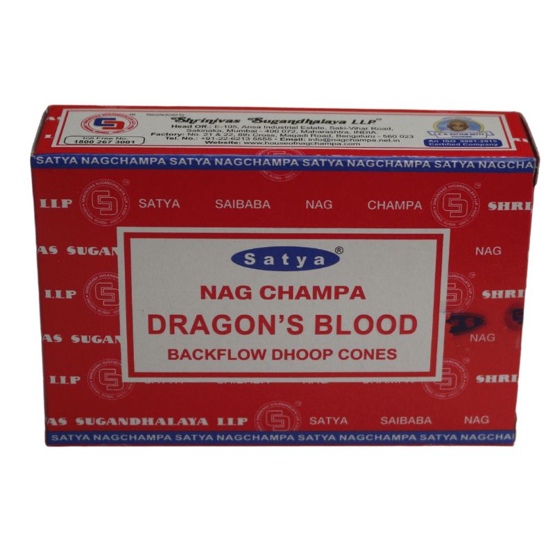red box of incense cones with blue borders and a white label on the front  with a red border, blue and white ellipse Satya trademark logo on the front with product name written in red