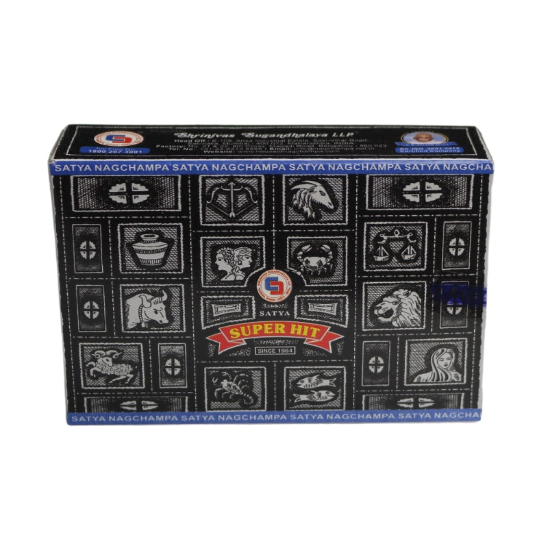 black  box of incense cones with blue borders and a white label on the front  with a red border, blue and white ellipse Satya trademark logo on the front with product name written in red