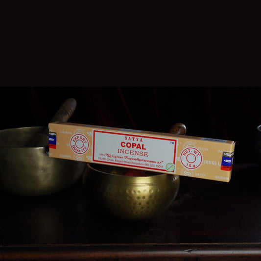 satya incense sticks sitting on a brass singing bowl