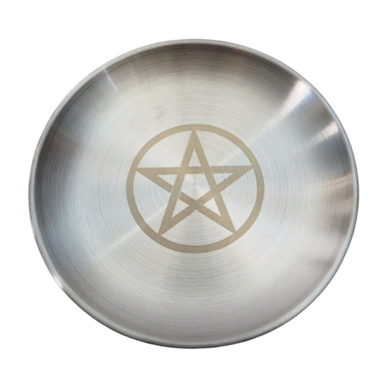 silver coloured stainless steel altar plate with an etched pentacle on the front (5 pointed star within a circle)