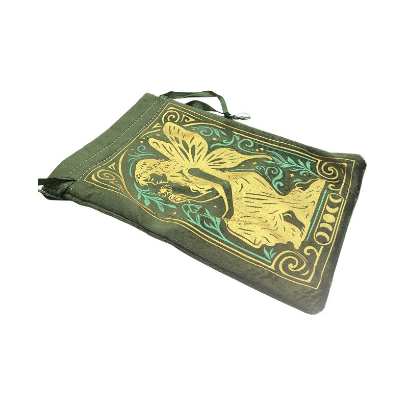 olive green drawstring velvet bag with a fairy image and moon phases in gold printed on the front and a green satin drawstring, on a white background