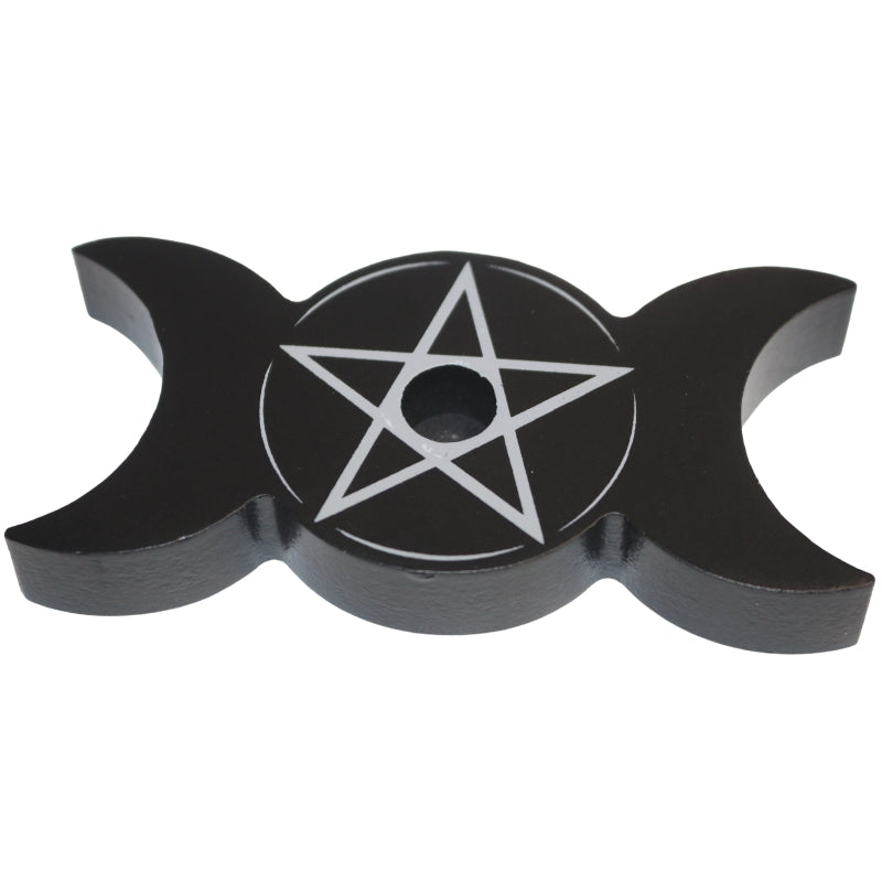 Black triple moon candle holder with pentacle design