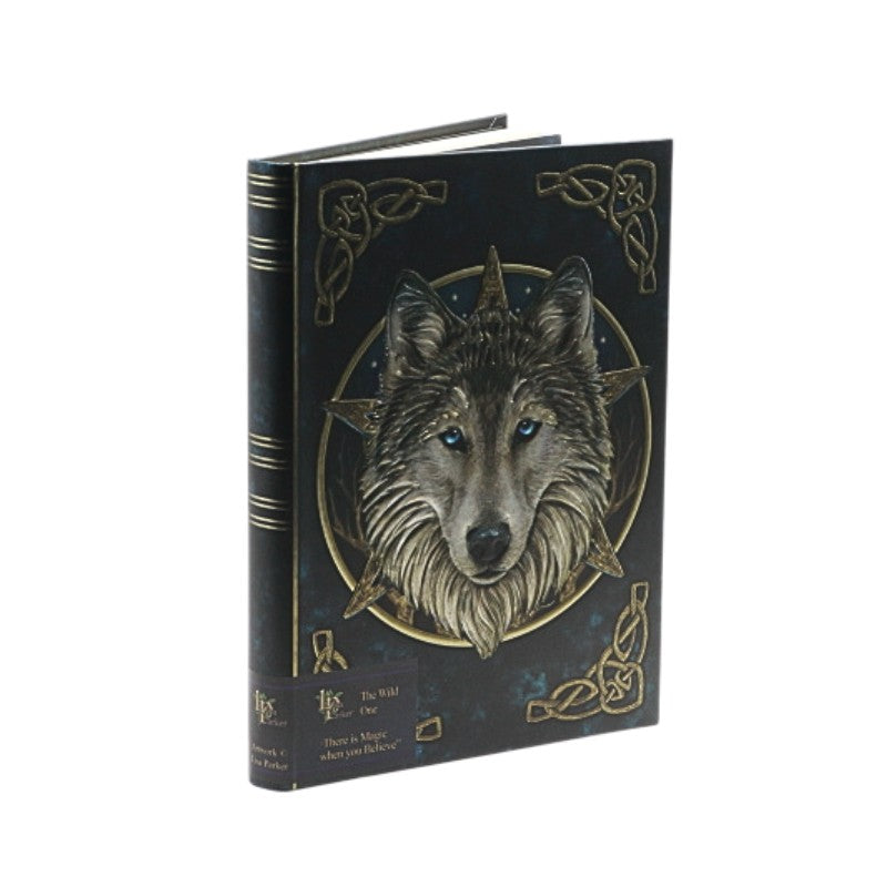 Decorative notebook with a wolf illustration on a black background