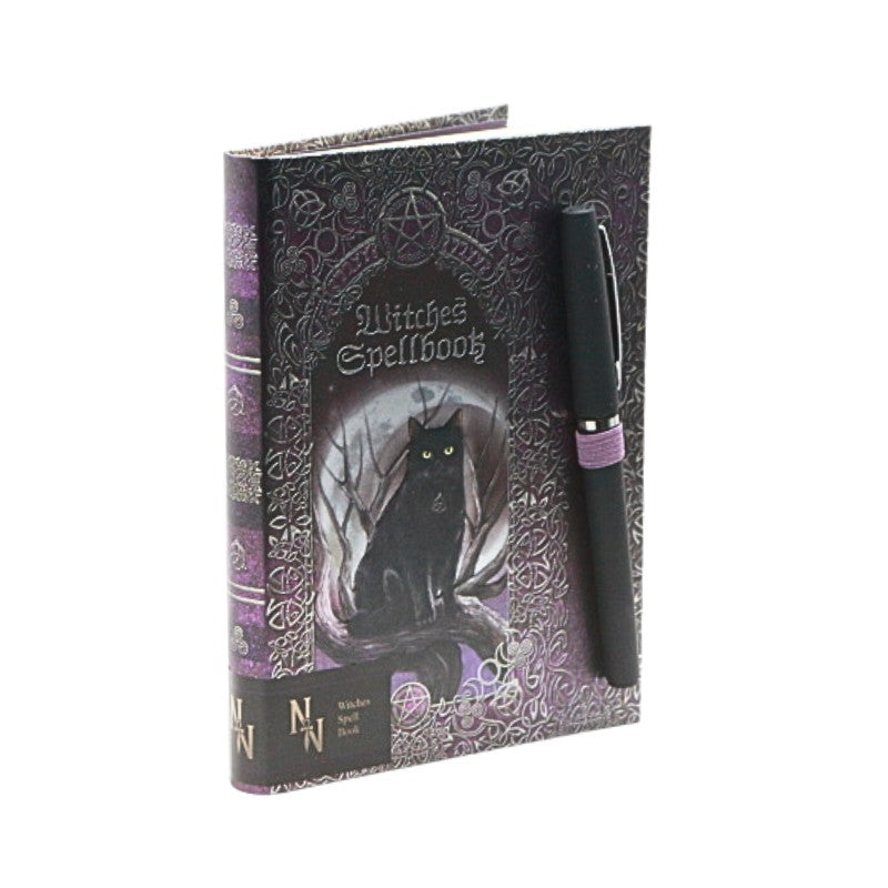 Witches Spellbook with a black cat illustration on a white background