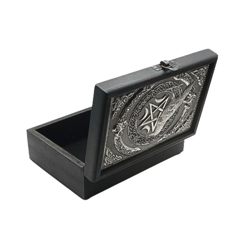 Black jewelry box with silver pentagram and raven design on a white background