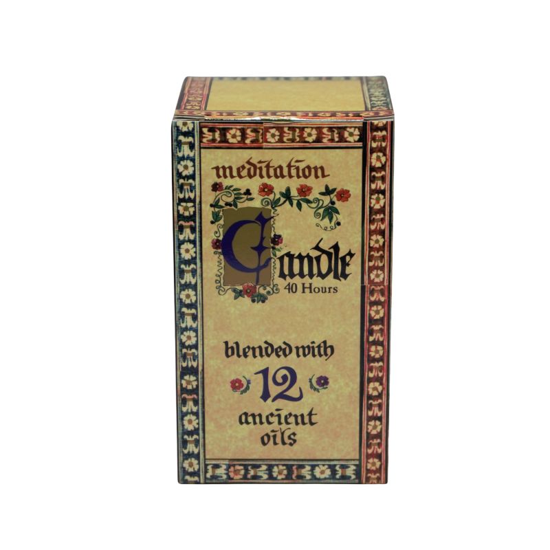 40 hour meditation candle  box- light yellow with a red and blue border