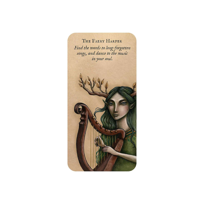 pink Forest fae oracle card with a forest fairy playing a harp