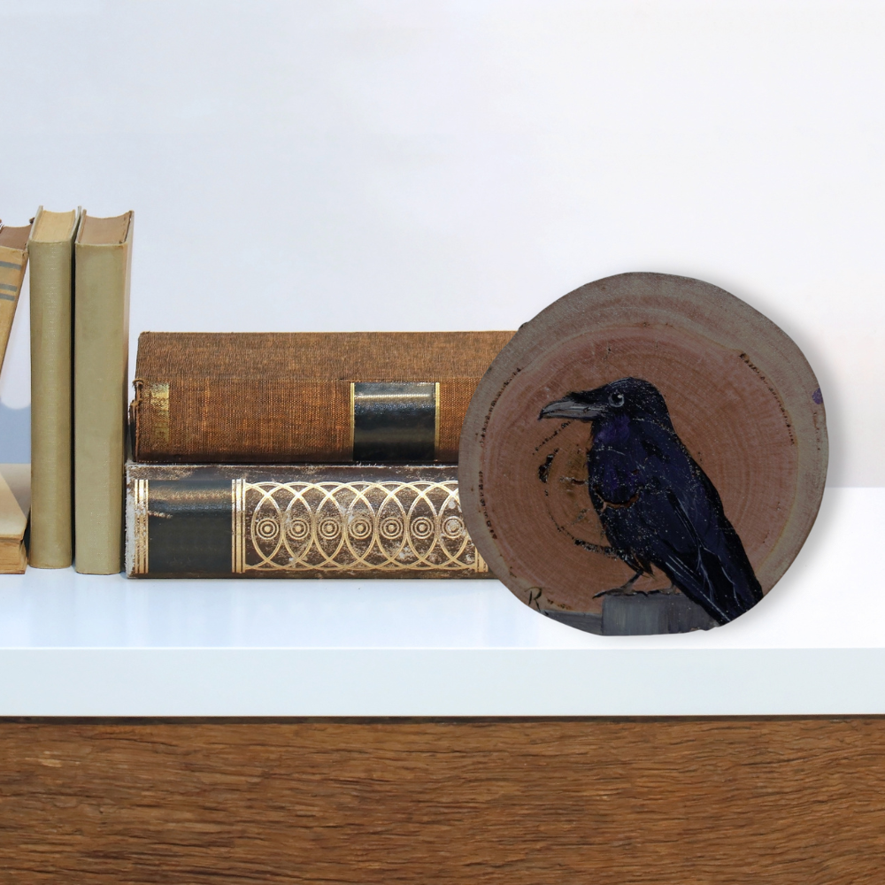 Hand Painted Wooden Ornament -Raven Wood Round -Home Décor