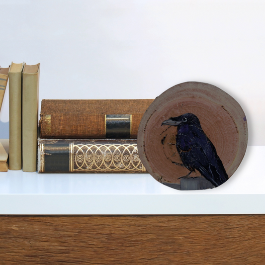 Hand Painted Wooden Ornament -Raven Wood Round -Home Décor