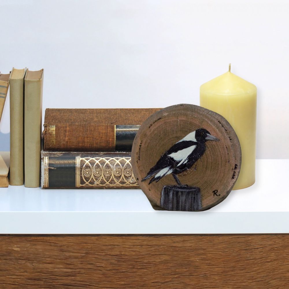 Hand Painted Wooden Ornament -Magpie Wood Round -Home Décor