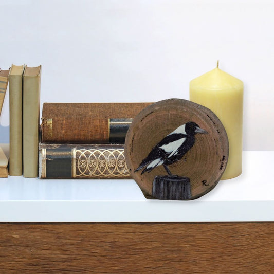 Hand Painted Wooden Ornament -Magpie Wood Round -Home Décor