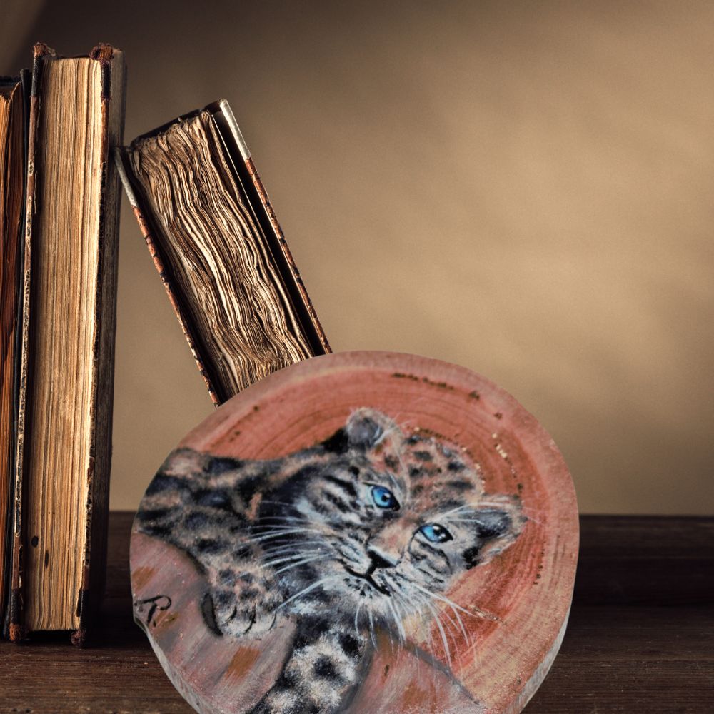 Hand Painted Wooden Ornament -Leopard Cub Wood Round -Home Décor