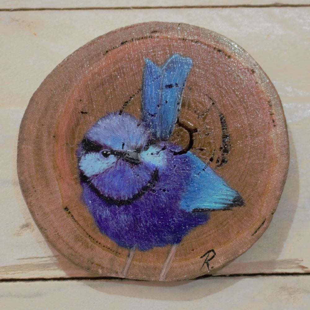 Hand Painted Wooden Ornament -Splendid Fairy Wren Wood Round -Home Décor