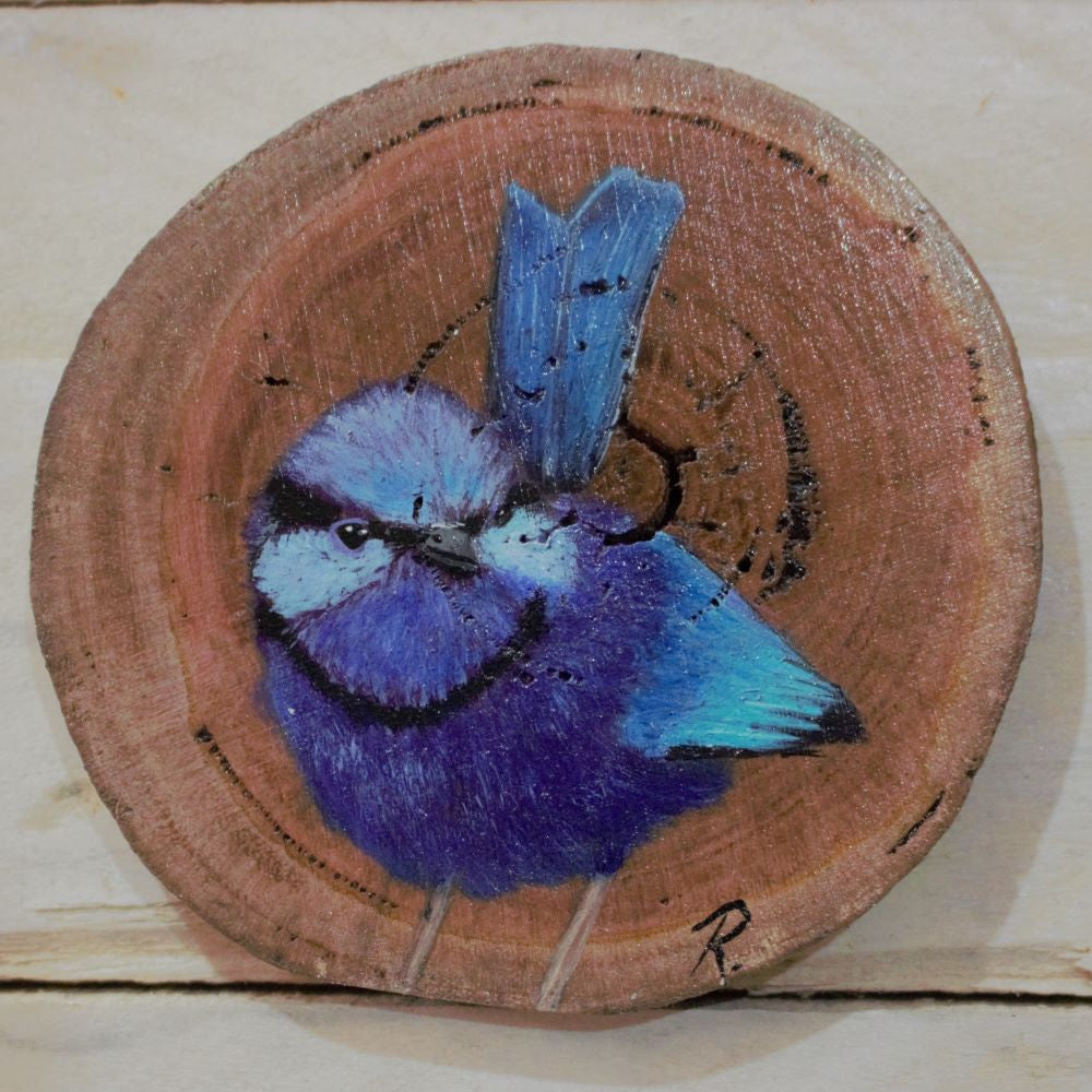 Hand Painted Wooden Ornament -Splendid Fairy Wren Wood Round -Home Décor