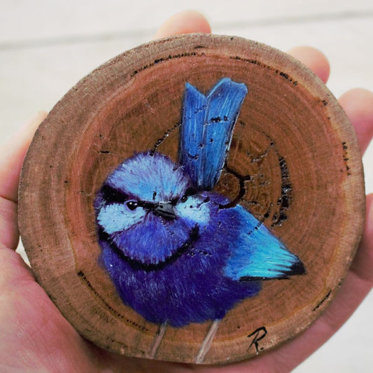 Hand Painted Wooden Ornament -Splendid Fairy Wren Wood Round -Home Décor