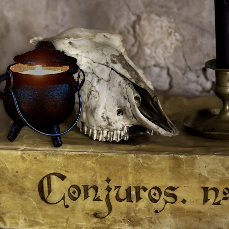 Cast iron cauldron candle on an old spell book next to a skull