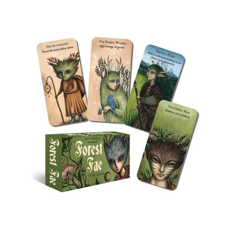 Forest Fae Messages Oracle Card pack in front of four Oracle cards featuring forest fairies