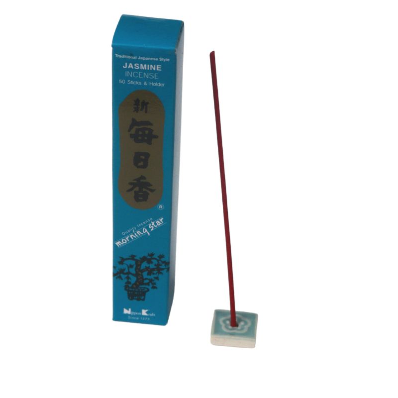 rectangle box of japanese morning star "jasmine" incense sticks next to a tile incense holder