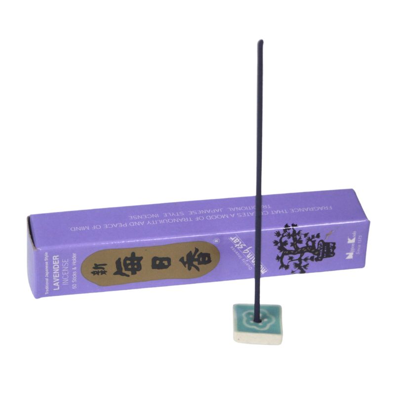 rectangle box of japanese morning star "lavender" incense sticks next to a tile incense holder