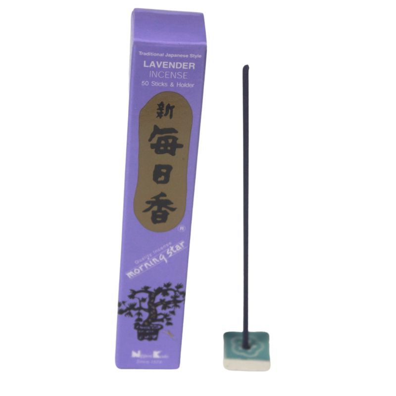 rectangle box of japanese morning star "lavender" incense sticks next to a tile incense holder