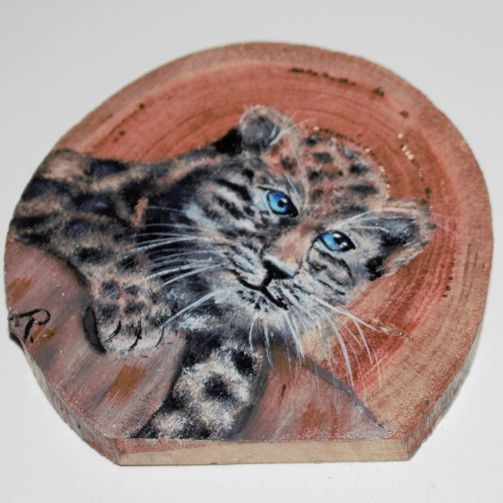 Hand Painted Wooden Ornament -Leopard Cub Wood Round -Home Décor