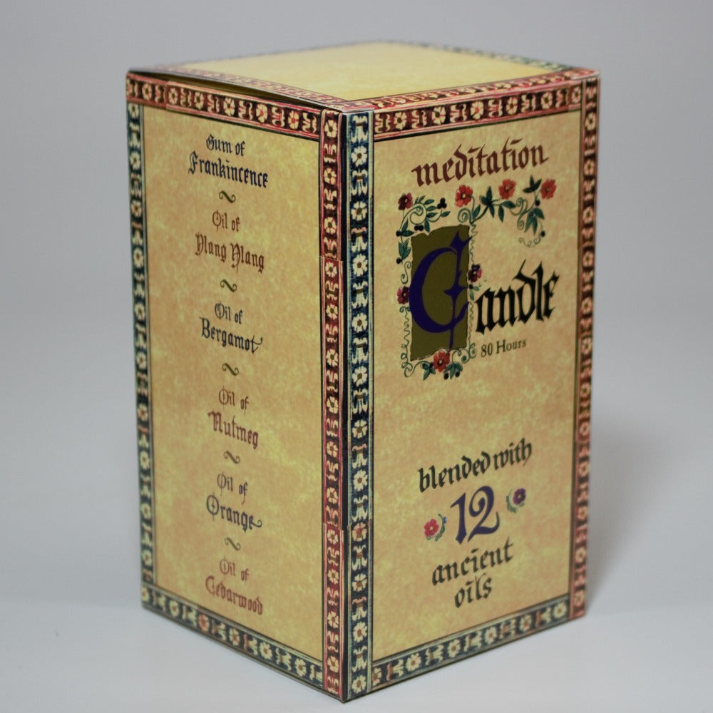 meditation candle 80 hour burn time side view of packaging box, on a white background