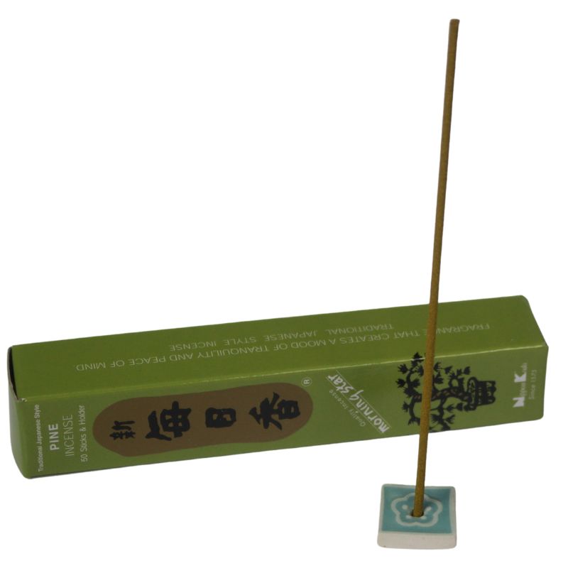 rectangle box of japanese morning star "Pine" incense sticks next to a tile incense holder