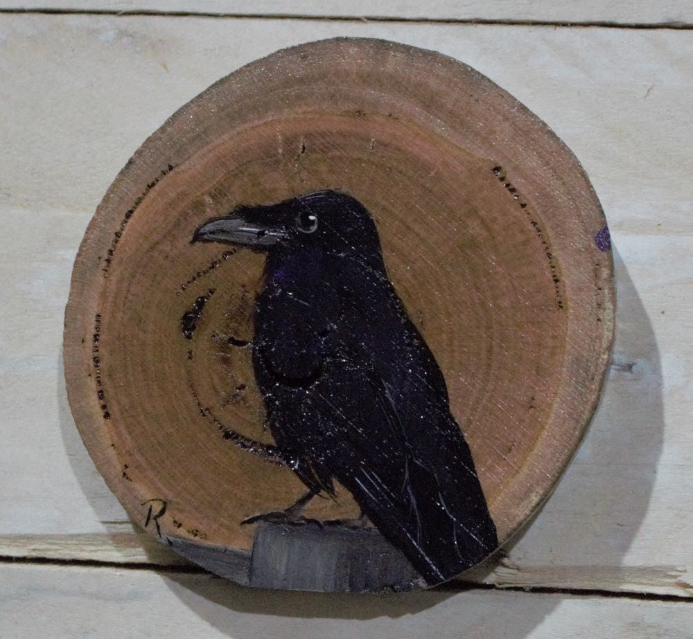 Hand Painted Wooden Ornament -Raven Wood Round -Home Décor