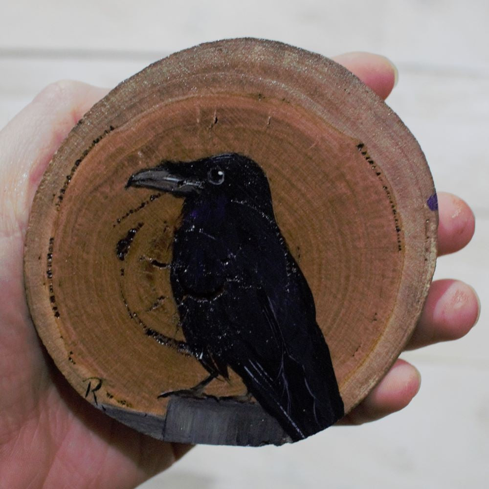 Hand Painted Wooden Ornament -Raven Wood Round -Home Décor