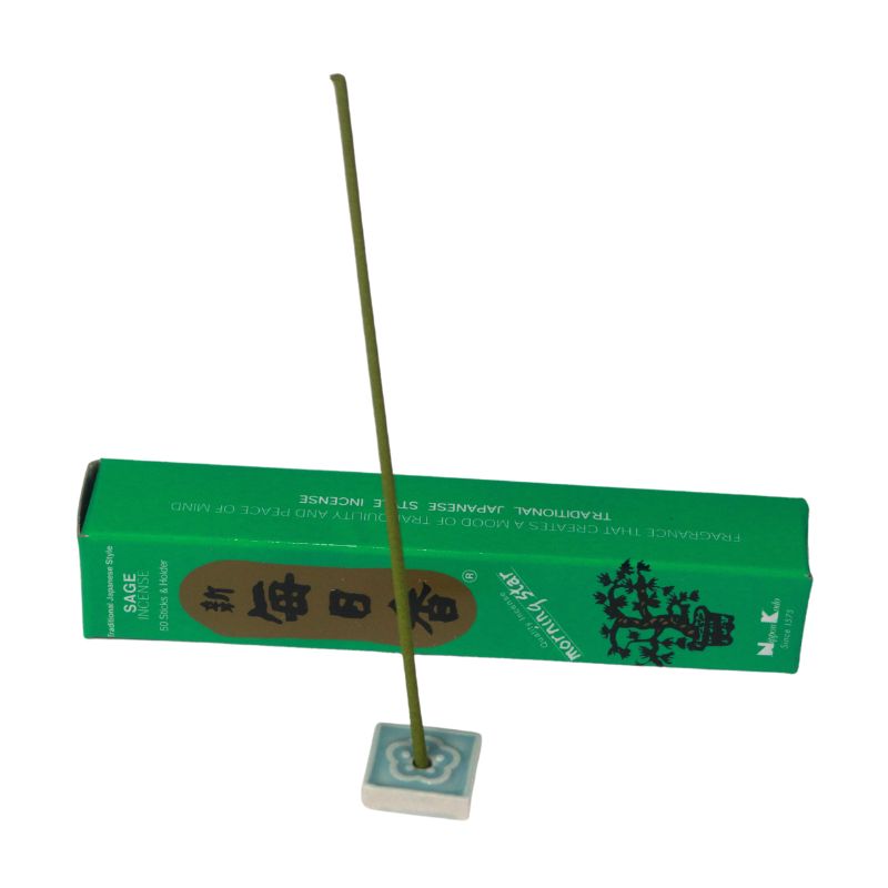 rectangle box of japanese morning star "Sage" incense sticks next to a tile incense holder