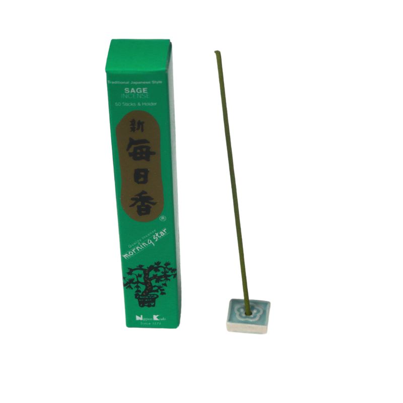 rectangle box of japanese morning star "Sage" incense sticks next to a tile incense holder