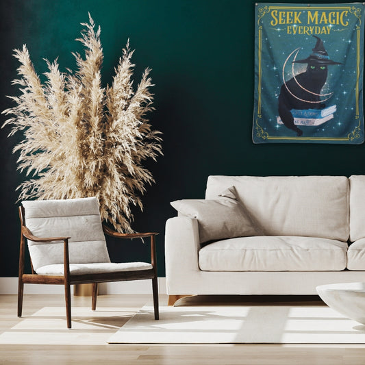 Black Magic  Cat wearing Witches Hat Tapestry- Magical Wiccan Wall Hanging