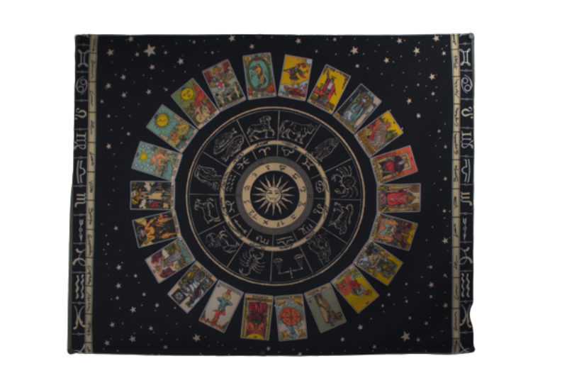 black wall hanging with the major arcana tarot cards circled around the centre. Astrological signs along the right and left sides and in the centre of the tarot cards.