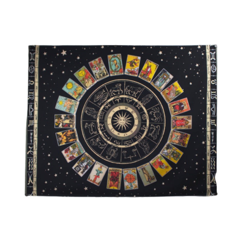 black wall hanging with the major arcana tarot cards circled around the centre. Astrological signs along the right and left sides and in the centre of the tarot cards.