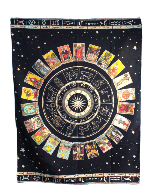 black wall hanging featuring major arcana tarot cards and astrological zodiac wheel