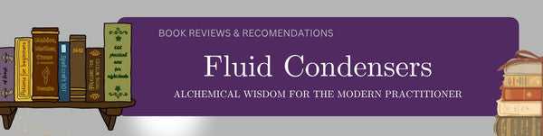 purple title banner with the name fluid condensers and books on a shelf